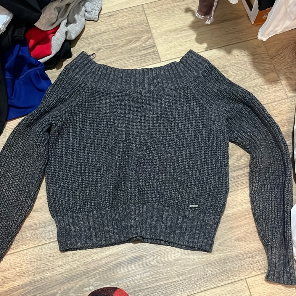 off the shoulder grey knit sweater